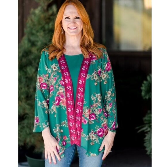 The Pioneer Woman Jackets & Blazers - Pioneer Kimono Green Floral Print Embroidered Open Front